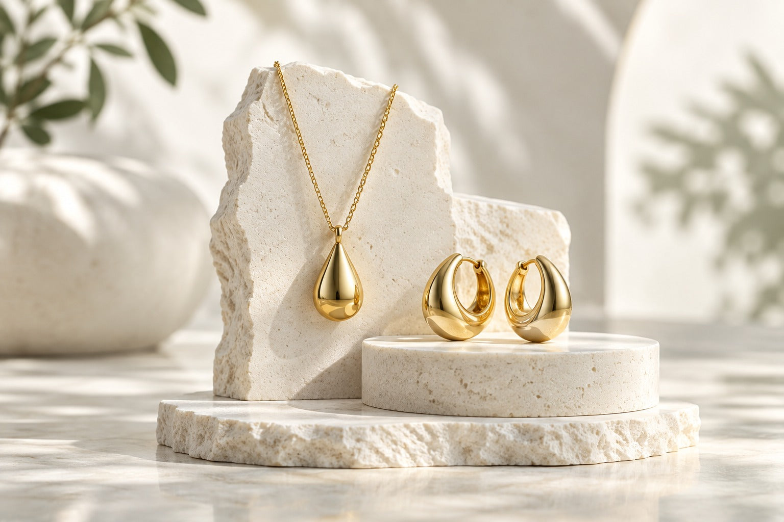 Sculptural gold-tone jewellery on pale ivory plinths
